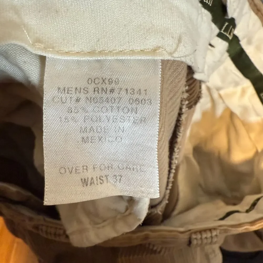 L.L Bean Pants Mens 37x30 Tan Corduroy‎ Chinos Pleated Straight Leg Relaxed Vtg